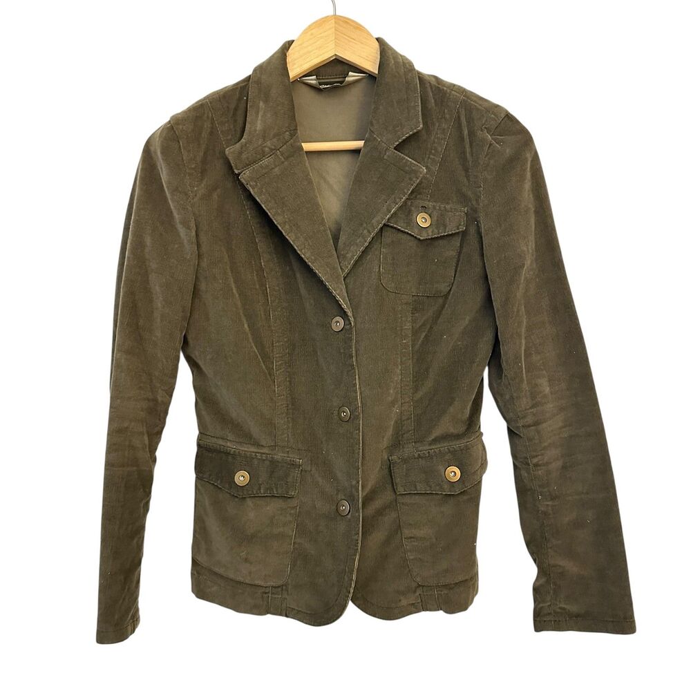 Eddie Bauer Khaki Army Green Stretchy Button Up Corduroy Blazer Size 2 Petite